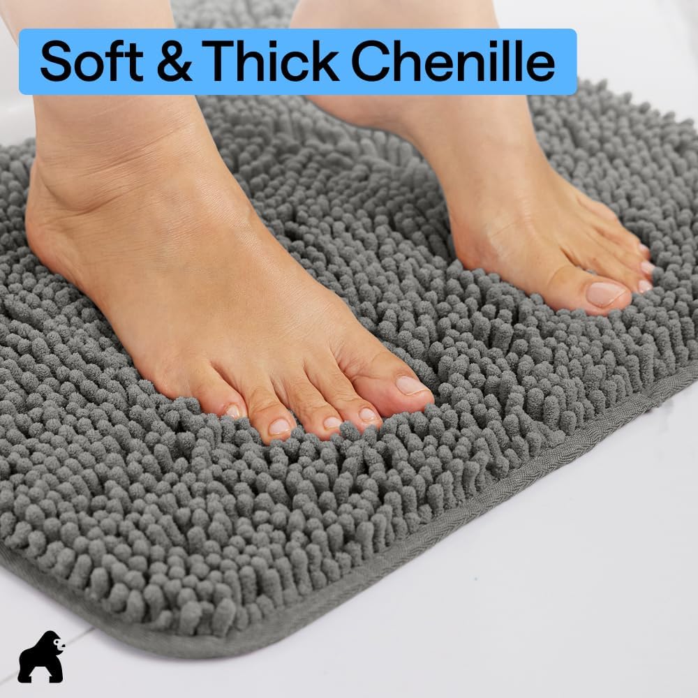 GORILLA GRIP Bath Rug Mat, Thick Soft Absorbent Chenille, Quick Dry Microfiber Mats, Rubber Backing Washable Shower Floor Rugs, US Designed Bathroom Bathmat Home Decor Accessories, 24x17, Charcoal