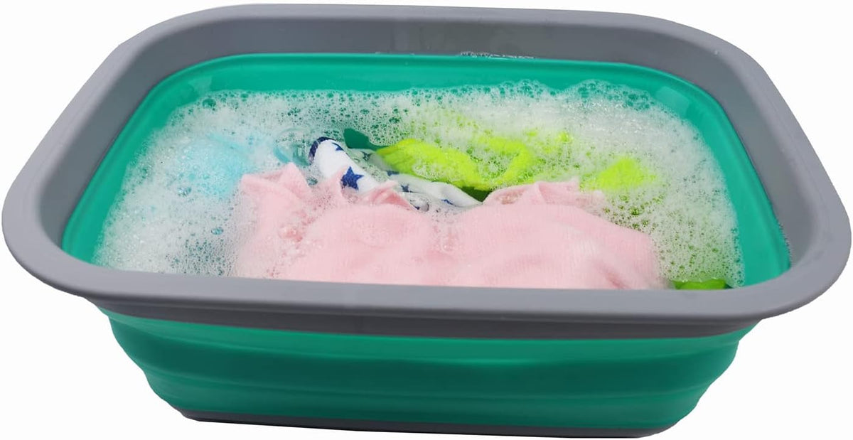 SAMMART 9.2L (2.37Gallon) Collapsible Tub - Portable Outdoor Picnic Basket/Crater - Foldable Shopping Bag - Space Saving Storage Container (M, Dark Grey/Bluish-Green)