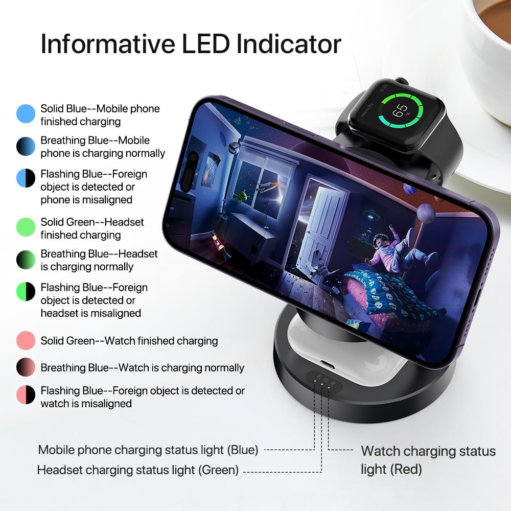 3 in 1 Wireless Charging Station for Apple Devices,Magsafe Charger for IPhone17 16 15 14 13 12 Pro/Max/Plus/Mini Wireless Charger Station for AirPods 2/3/4/Pro iWatch Ultra11/10/9/8/7/SE/6/5/4/3/2