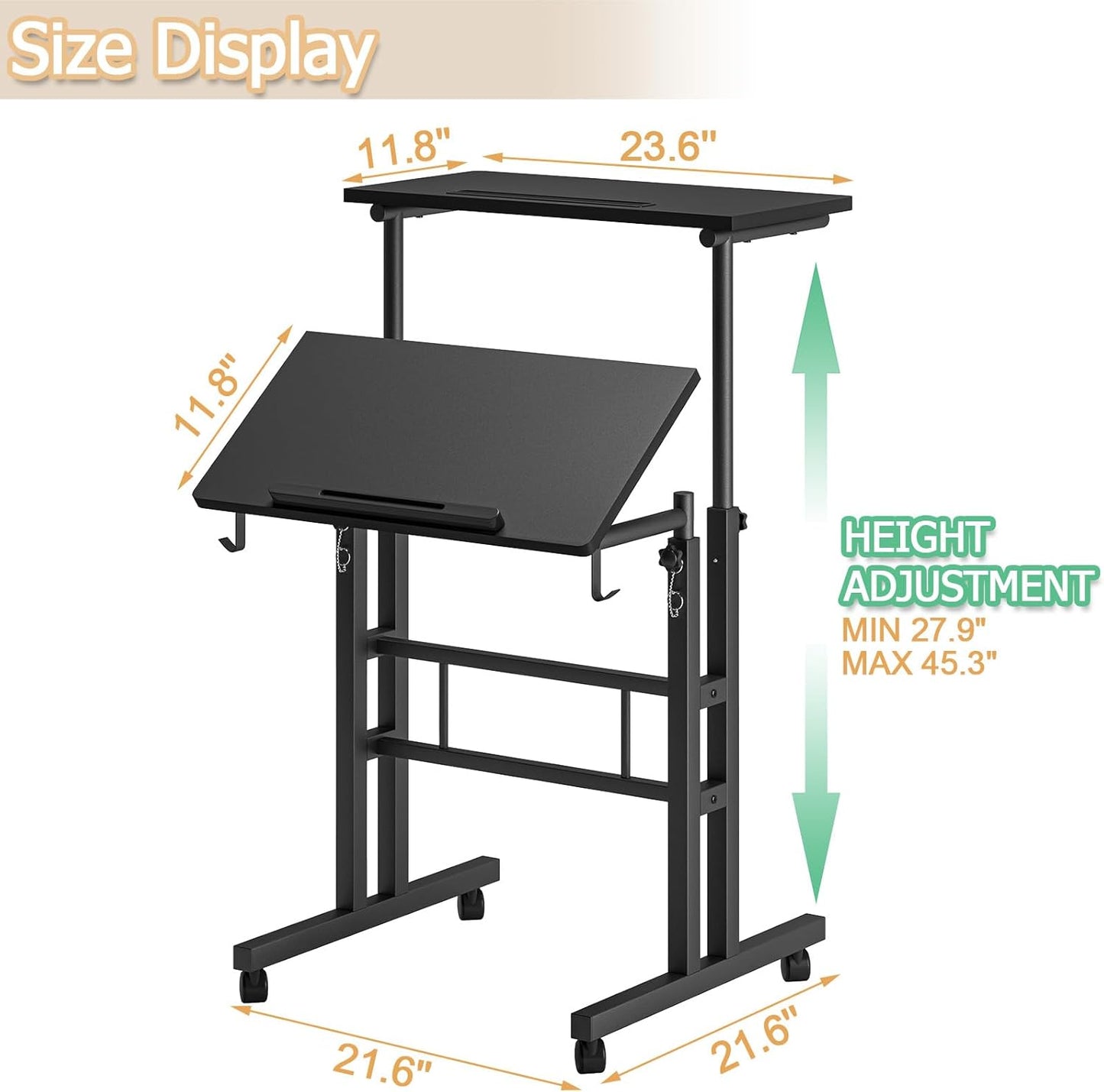 Klvied Height Adjustable Mobile Standing Desk, Tiltable Laptop Desk with Cup Holder & Hook, Portable Rolling Desk with Lockable Casters, Home Office Workstation for Standing/Sitting, Black