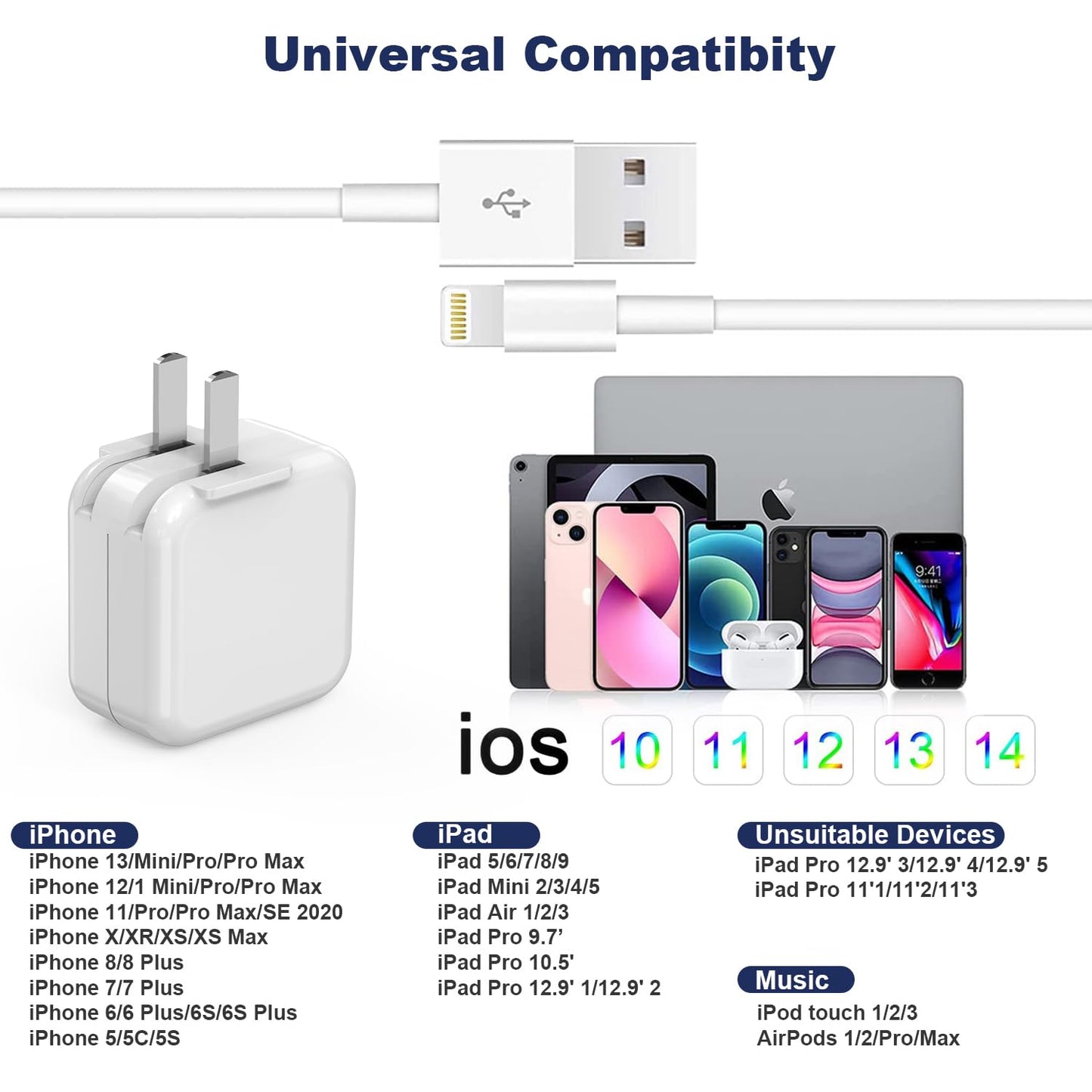 iPad iPhone Charger Fast Charging [ Apple Certified ] 2Set 6FT USB to Lightning Cable iPad Cord with 12W Foldable Block i Phone Charging Travel Wall Plug Compatible with i Pad, iPadPro, iPadAir,iPhone