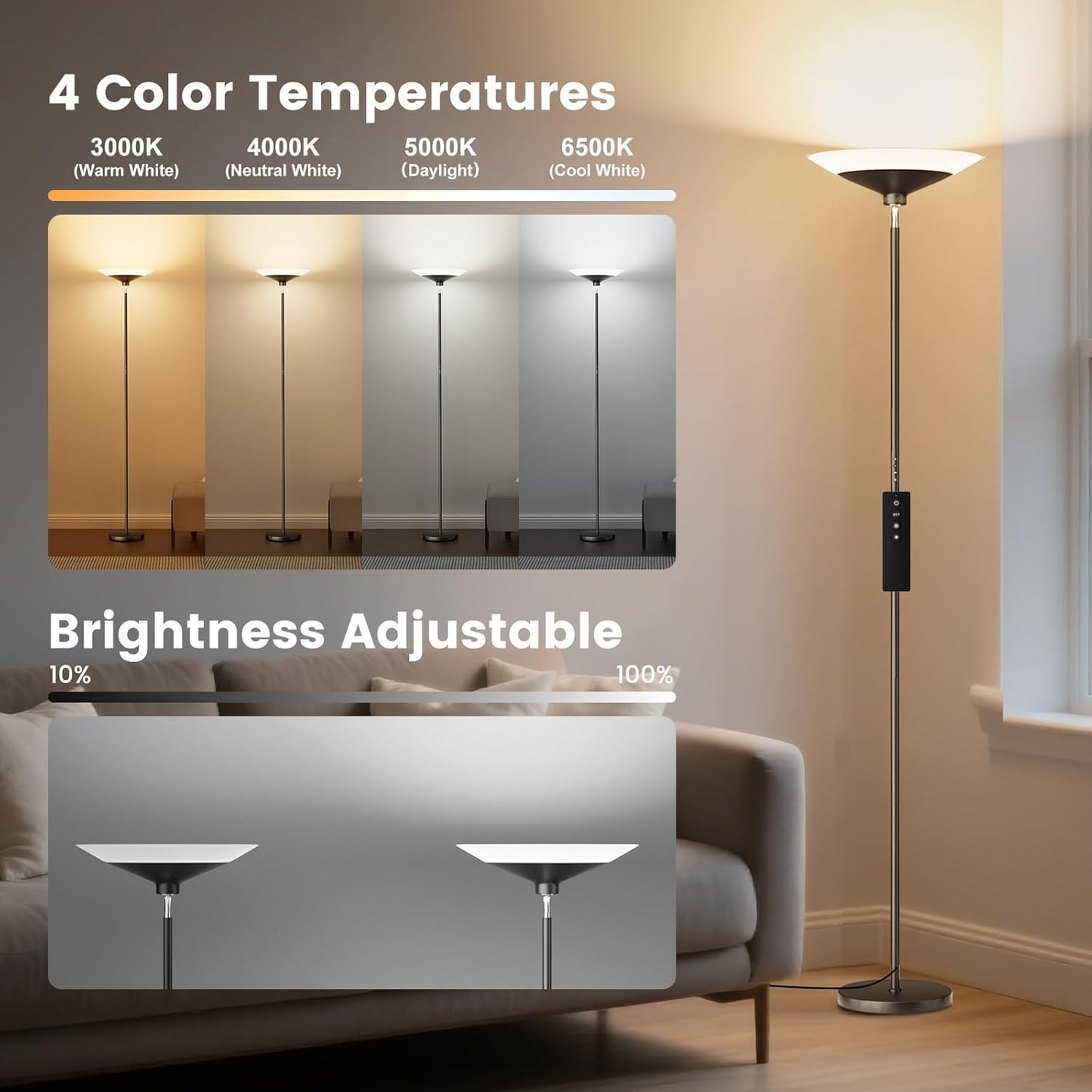 SIBRILLE Torchiere Floor Lamp - 72" Tall LED Standing Lamp with Remote/Button Control, 1800Lm, 3000-6500K, 30W Dimmable Modern Corner Floor Light for Living Room Bedroom Office Apartment, Black