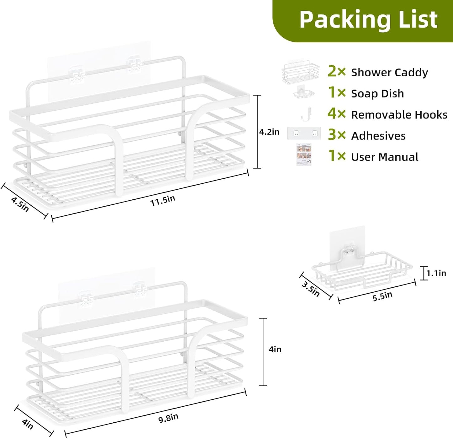 Yougai Shower Caddy, Shower Organizer with Soap Holder and Hooks, Rustproof Shower Shelves, No Drilling Bathroom Organizers and Storage, Wall-Mounted Kitchen & Home Decor (White)