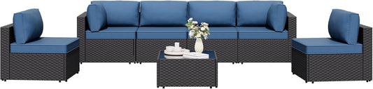 7 Pieces Outdoor Patio Sectional Sofa Couch, Wicker Furniture Patio Conversation Sets with Washable Cushions & Coffee Table for Garden, Poolside, Backyard