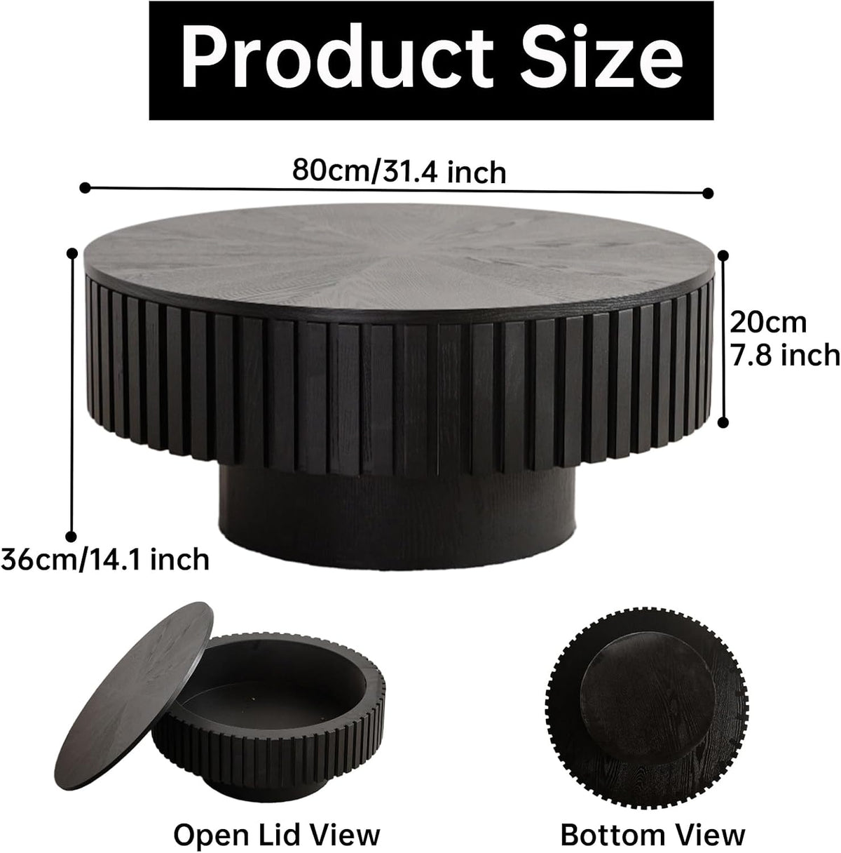 31" Black Round Wood Fluted Drum Coffee Table with Storage (G)