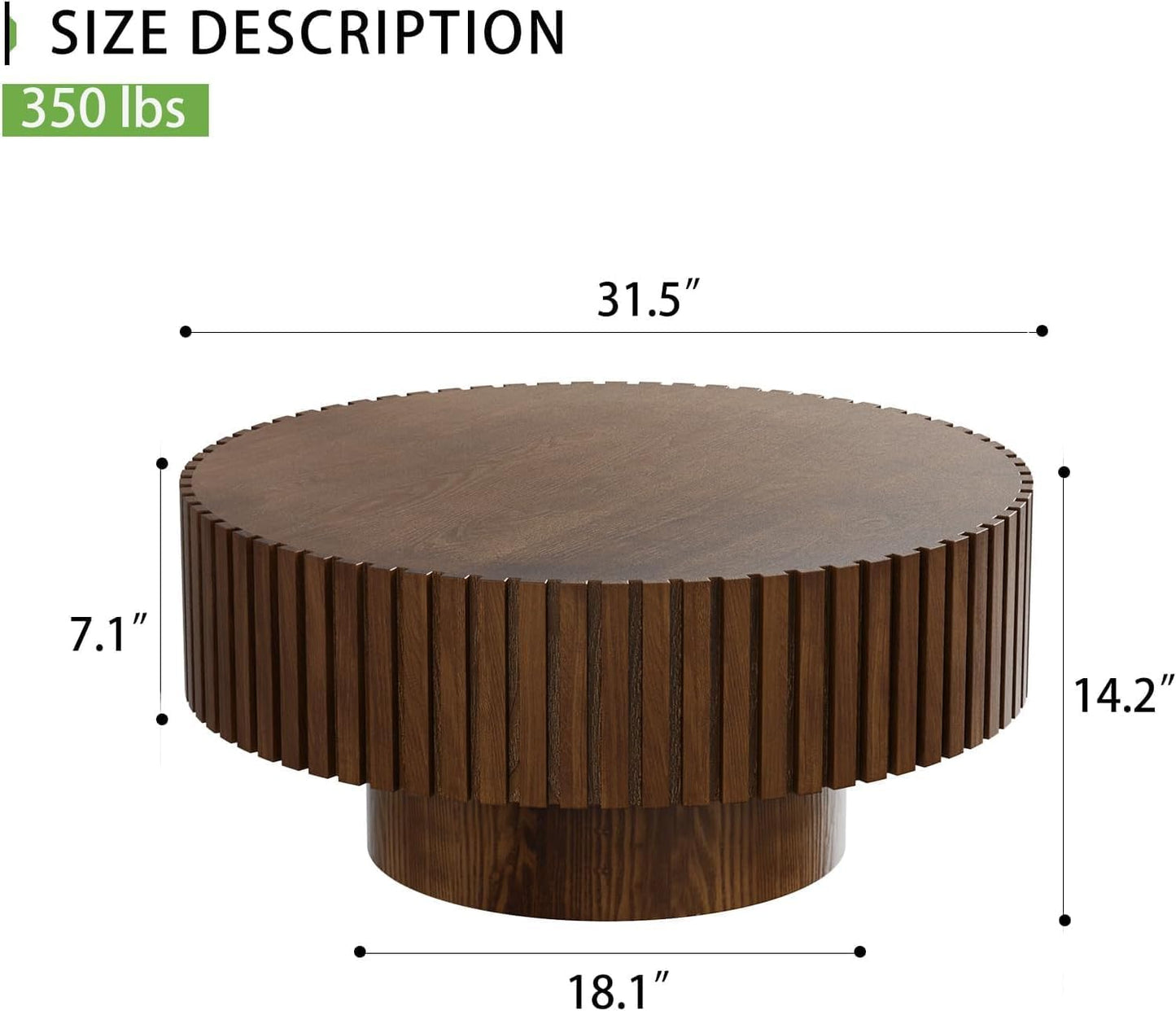 Artisan-Crafted Round Fluted Coffee Table (Walnut 31in) | Solid Wood Drum Base with Detailing, Handmade Circular Centerpiece for Living Room, Rustic Modern Home Decor