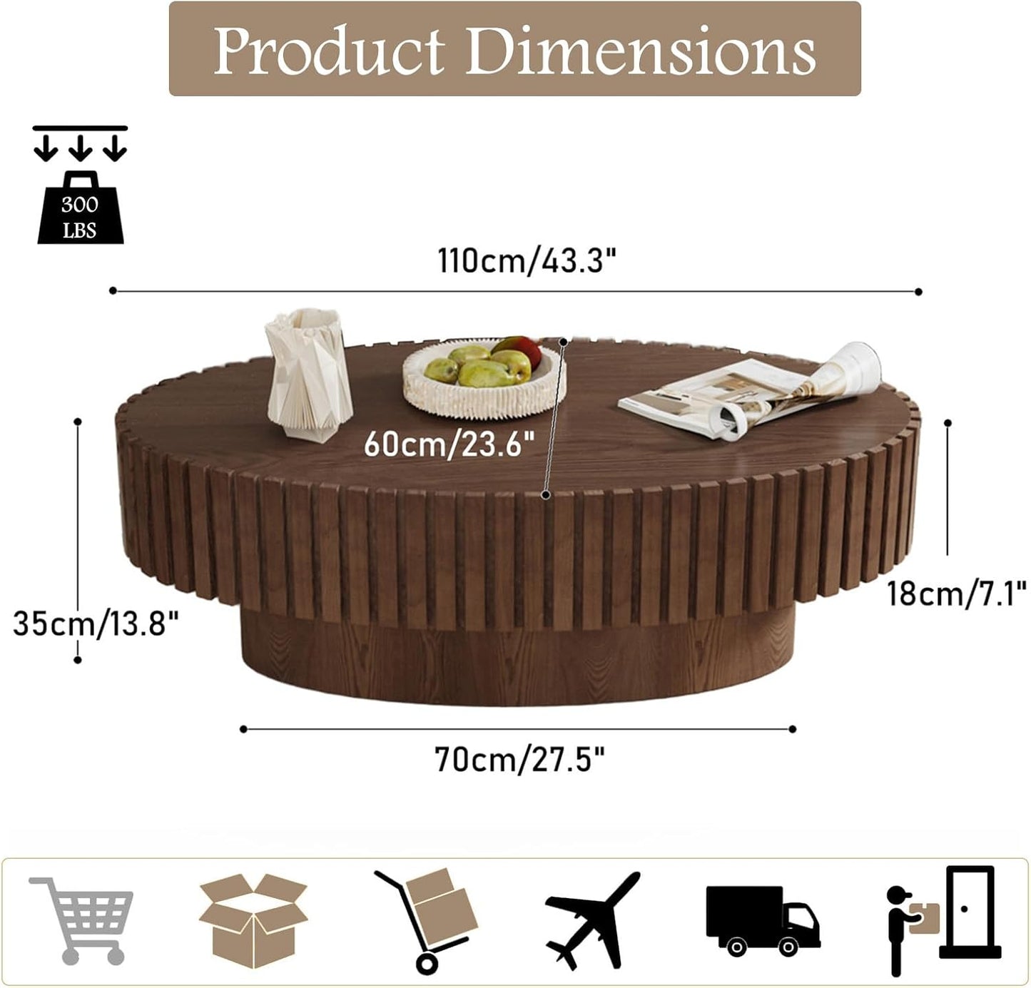 43.3" Oval Wood Coffee Table (Dark Brown) | Fluted Design, Modern Handcraft Drum Center Table, Solid Wood Relief, Sturdy Pedestal, For Living Room Home Office