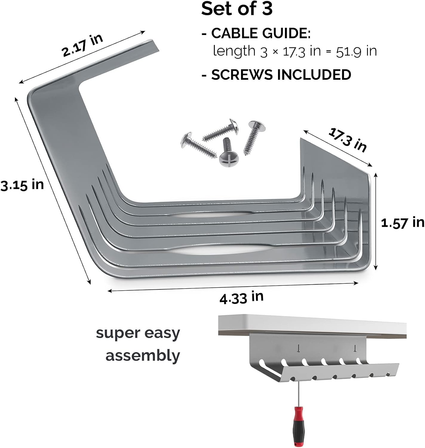 PAMO Cable Management Under Desk, Set of 3 - Grey/Silver | Easy under-table mounting keeps cables organized, includes 10 cable ties for a clean and tidy office or home workspace.