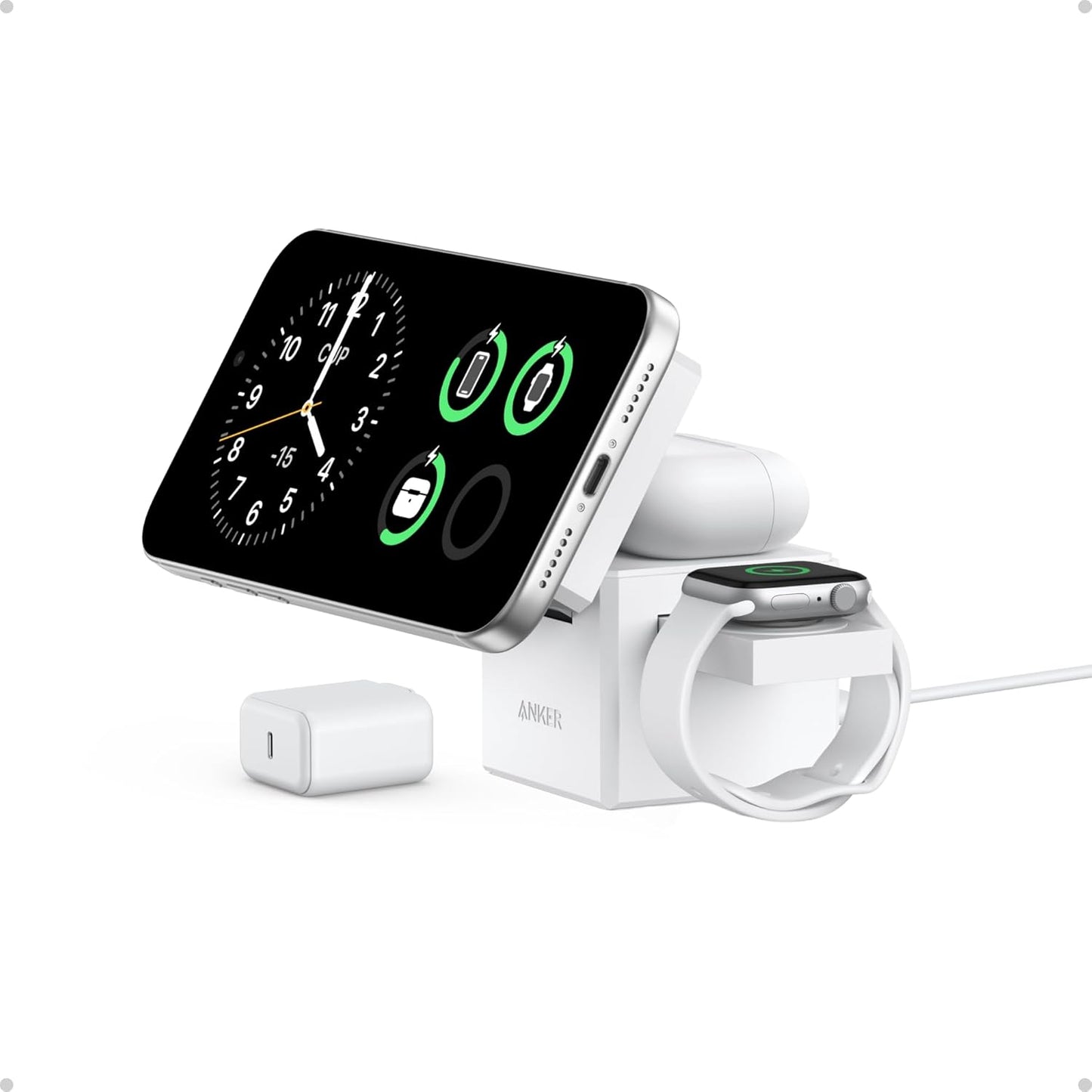 Anker 3-in-1 Cube Wireless Charger, MagSafe Charging Stand, 15W Foldable Fast Charging Station for iPhone 17/16/15, Apple Watch 1-8/Ultra, AirPods (Adapter Included, Non-Battery)