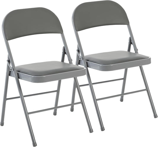 DUMOS 2 Pack Folding Chairs with Padded Cushion and Back - PU Leather Stackable Portable Dining Chairs Set, for Home and Office, Conference, Wedding, Party, Patio, Garden, for Indoor Outdoor, Grey