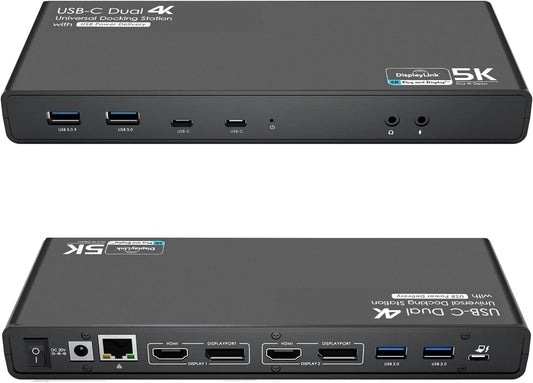 WWT Universal USB C Laptop Docking Station Dual Monitors 5K/4K@60Hz with 65W Host Charging for Thunderbolt 4/3, USB-C Windows, OS, Chrome, Ubuntu 20.04,22.04(2HDMI, 2DP, 6USB 3.0, 1Gbps Net)