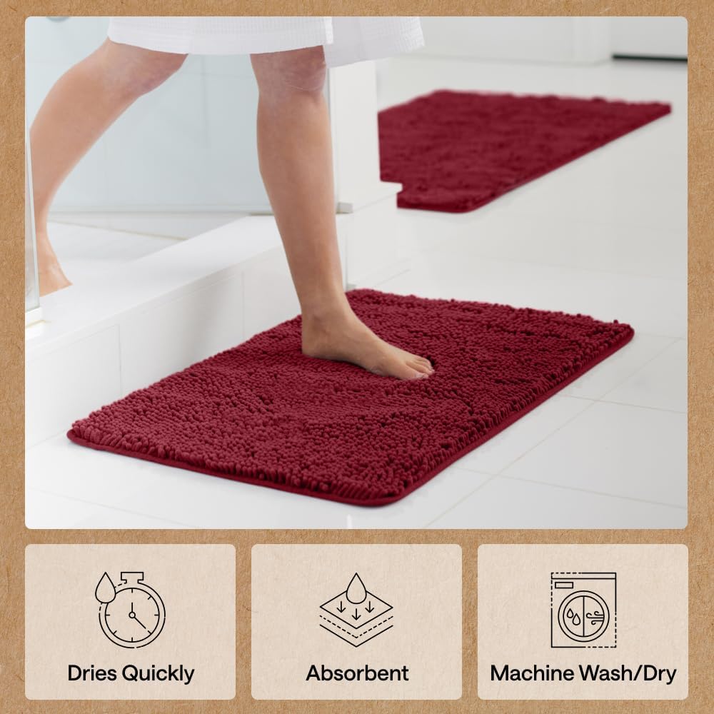 GORILLA GRIP Bath Rug Mat, Thick Soft Absorbent Chenille, Quick Dry Microfiber Mats, Rubber Backing Washable Shower Floor Rugs, US Designed Bathroom Bathmat Home Decor Accessories, 24x17, Burgundy