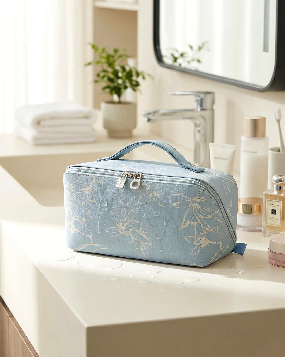 EACHY Travel Makeup Bag,Large Capacity Cosmetic Bags for Women,Waterproof Portable Pouch Open Flat Toiletry Bag Pattern Makeup Bag (F-Blue-Large)