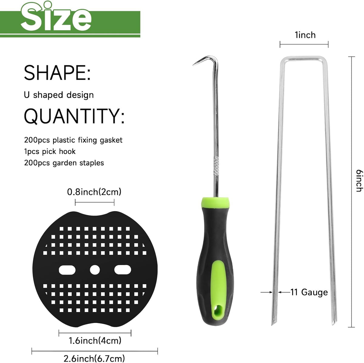JELNER Garden Stakes,6 Inch 11 Gauge 200pcs Galvanized Landscape Staples and 200pcs Gaskets +1Pick Hook, Tent Stakes Landscaping Fabric SOD Pins for Weed Fabric Barrier,Groud Cover,Fence