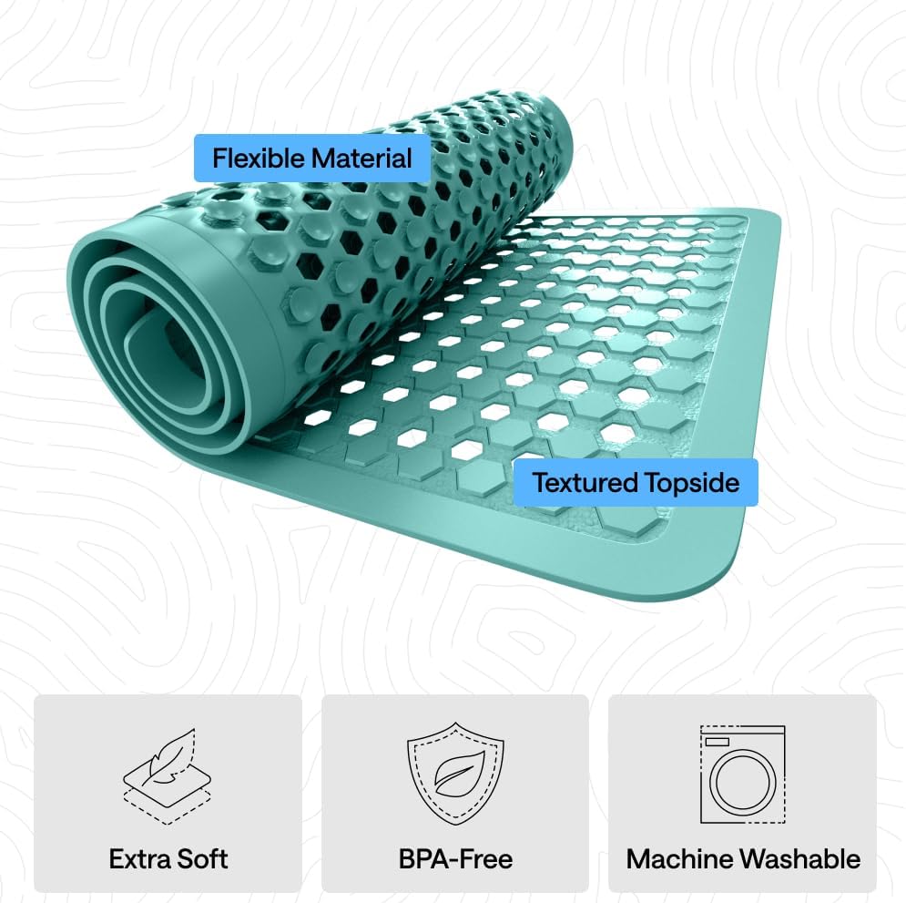 GORILLA GRIP Patented Bath Tub Shower Mat, Machine Washable Bathtub Floor Liner Mats, Suction Cups and Drain Holes to Keep Tubs Clean, Soft on Feet, Bathroom Essentials, 35x16 Inch, Turquoise Opaque