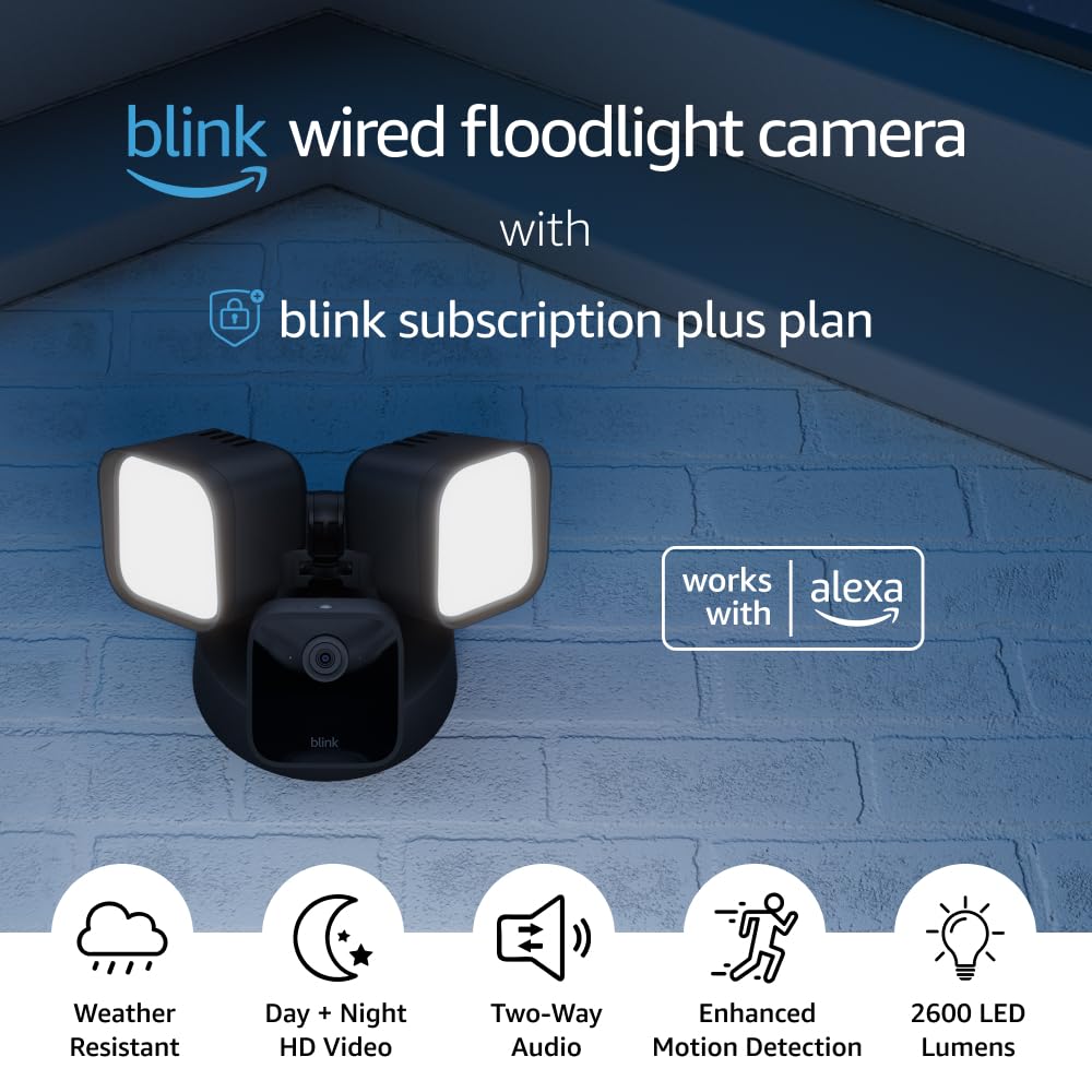 Blink Wired Floodlight Camera, Smart security camera, 2600 lumens, HD live view, enhanced motion detection, built-in siren, Works with Alexa, 1 camera (White)