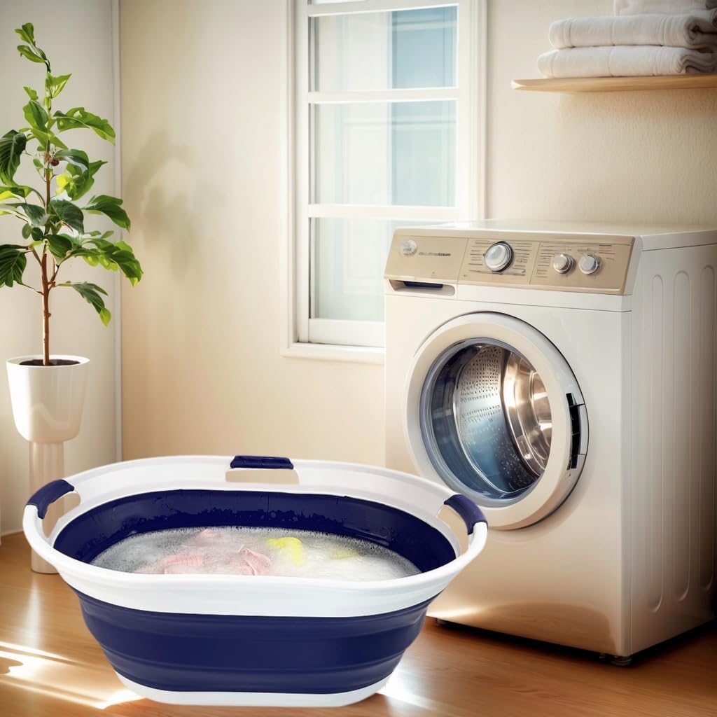 SAMMART 44L (11.6 Gallon) Collapsible Plastic Laundry Basket - Foldable Pop Up Storage Container/Organizer - Portable Washing Tub - Water Capacity: 35L(9.2 Gallon) (1, White/Navy Blue)