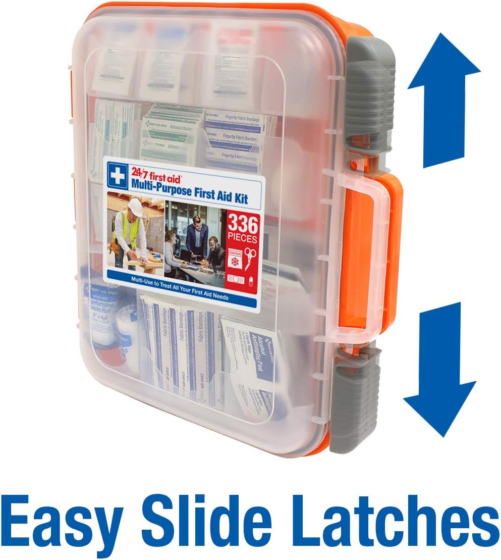 24/7 First Aid OSHA Compliant First aid Kit, All-Purpose 100-Person Emergency First Aid Kit for Business, Home, and Car in Plastic Case with Easy-Slide Latches, 336 Pieces