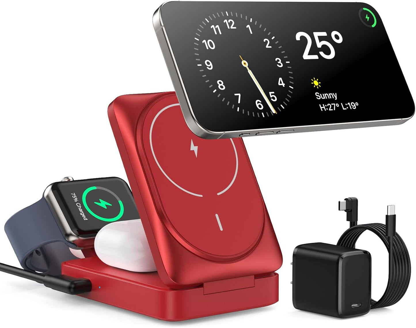 3 in 1 Wireless Charger Charging Station for iPhone,Travel Foldable Magnetic 15W Fast Wireless Charger Stand for Mag-Safe with 30W USB C Adapter for iPhone 17/16/15/14/13/12,Apple Watch,AirPods