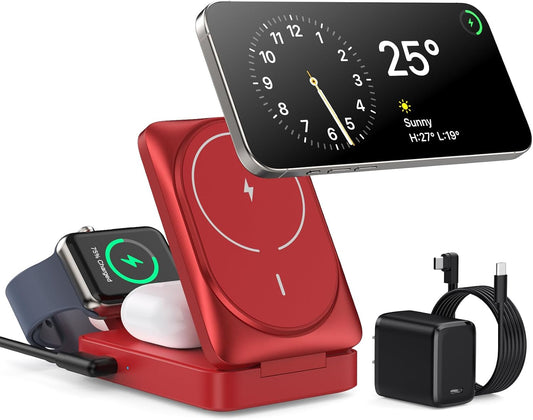 3 in 1 Wireless Charger Charging Station for iPhone,Travel Foldable Magnetic 15W Fast Wireless Charger Stand for Mag-Safe with 30W USB C Adapter for iPhone 17/16/15/14/13/12,Apple Watch,AirPods