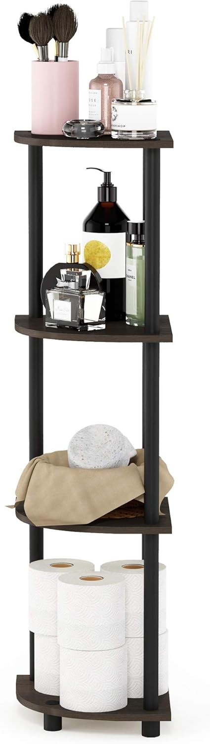 Furinno TURN-N-TUBE Corner Shelf, 4-Tier Corner Bookshelf, Display Storage Shelves with Open Shelves, for Organization and Storage, Living Room, Home Office, Garage, Dark Brown Grain