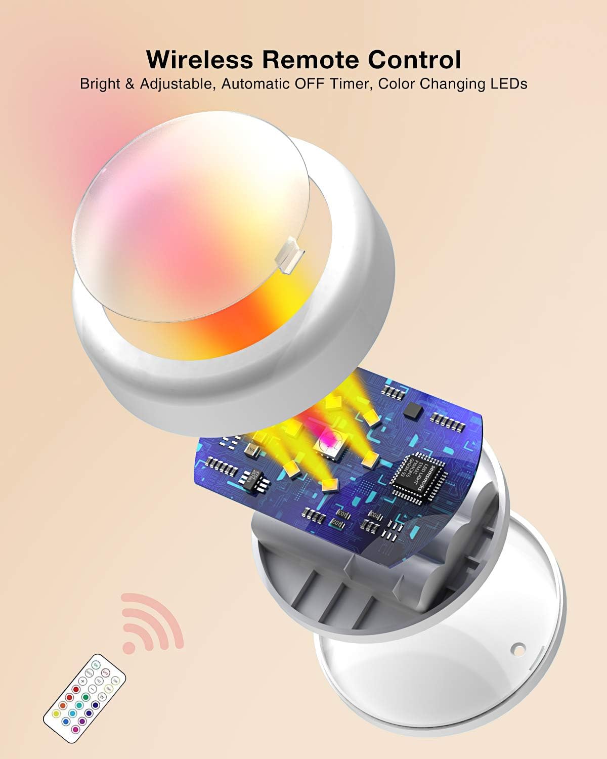 Puck Lights with Remote Control Battery Operated LED Push Lights Wireless, 13 Color RGB - for Closet, Bedroom Wall, Under Cabinet, Battery Powered ambient lighting. Convenient 3M Stick On, Black 6Pcs