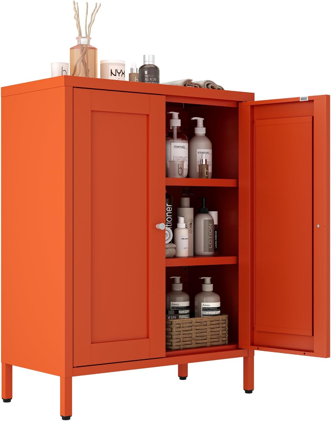 Metal Bathroom Cabinet, Small Floor Storage Cabinet, Freestanding Sideboard with 2 Adjustable Shelves for Living Room, Dining Room (Orange, 31.5" H-2 Doors)