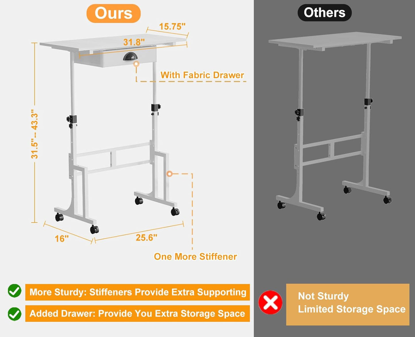 Cidaziya Adjustable Height Standing Desk for Walking Pad Treadmill, Portable Rolling Desk for Laptop with Drawer, Small Moblie Sit to Stand Desk On Wheels with Stiffener for Home Office Dorm Bedroom