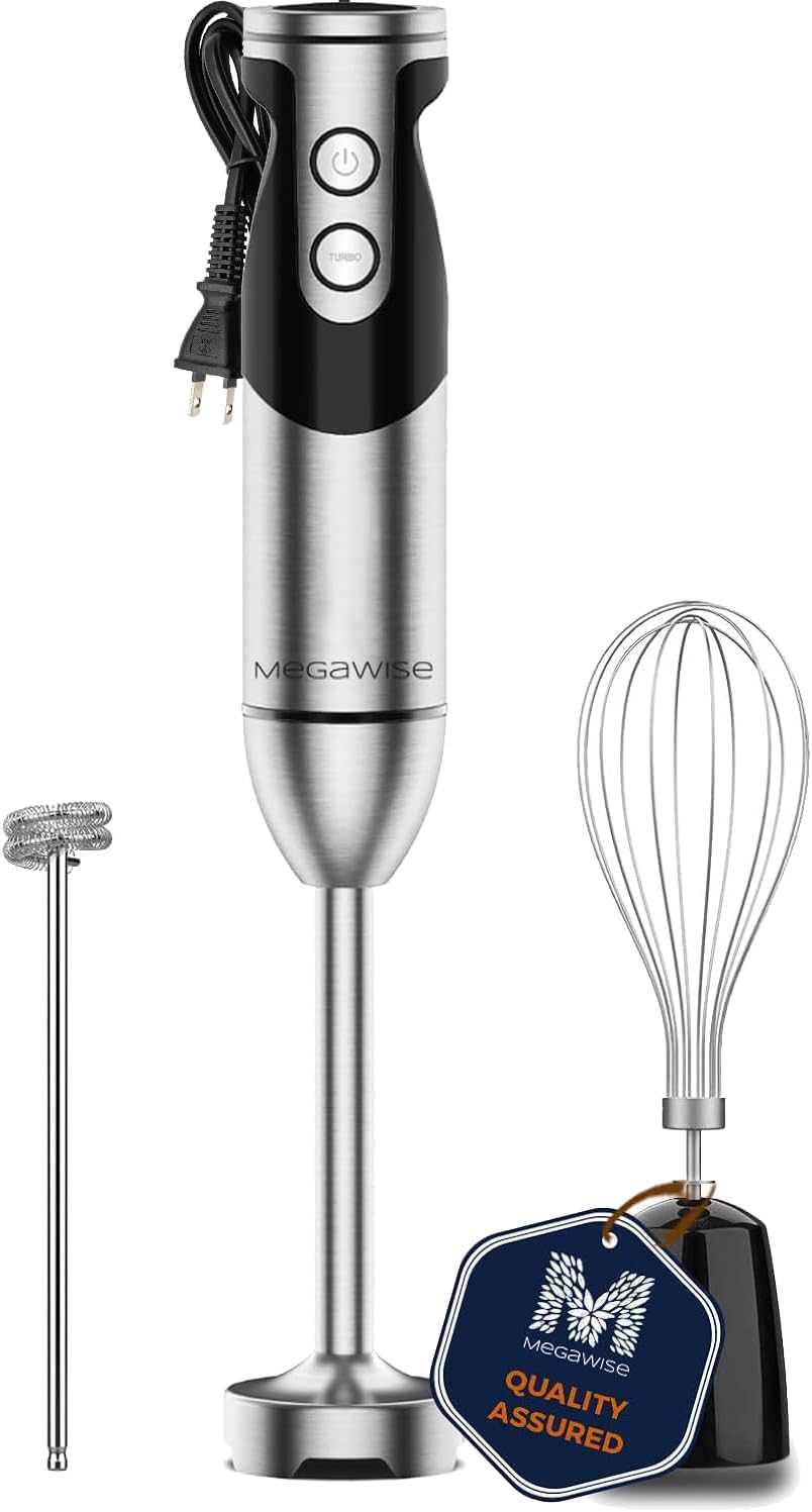 MegaWise 5-in-1 Immersion Hand Blender, Titanium Reinforced Blades (80% Sharper), 12-Speed Powerful Stick Blender with 500ml Chopper, 600ml Beaker, Whisk & Milk Frother for Smoothies, Baby Food & Soup