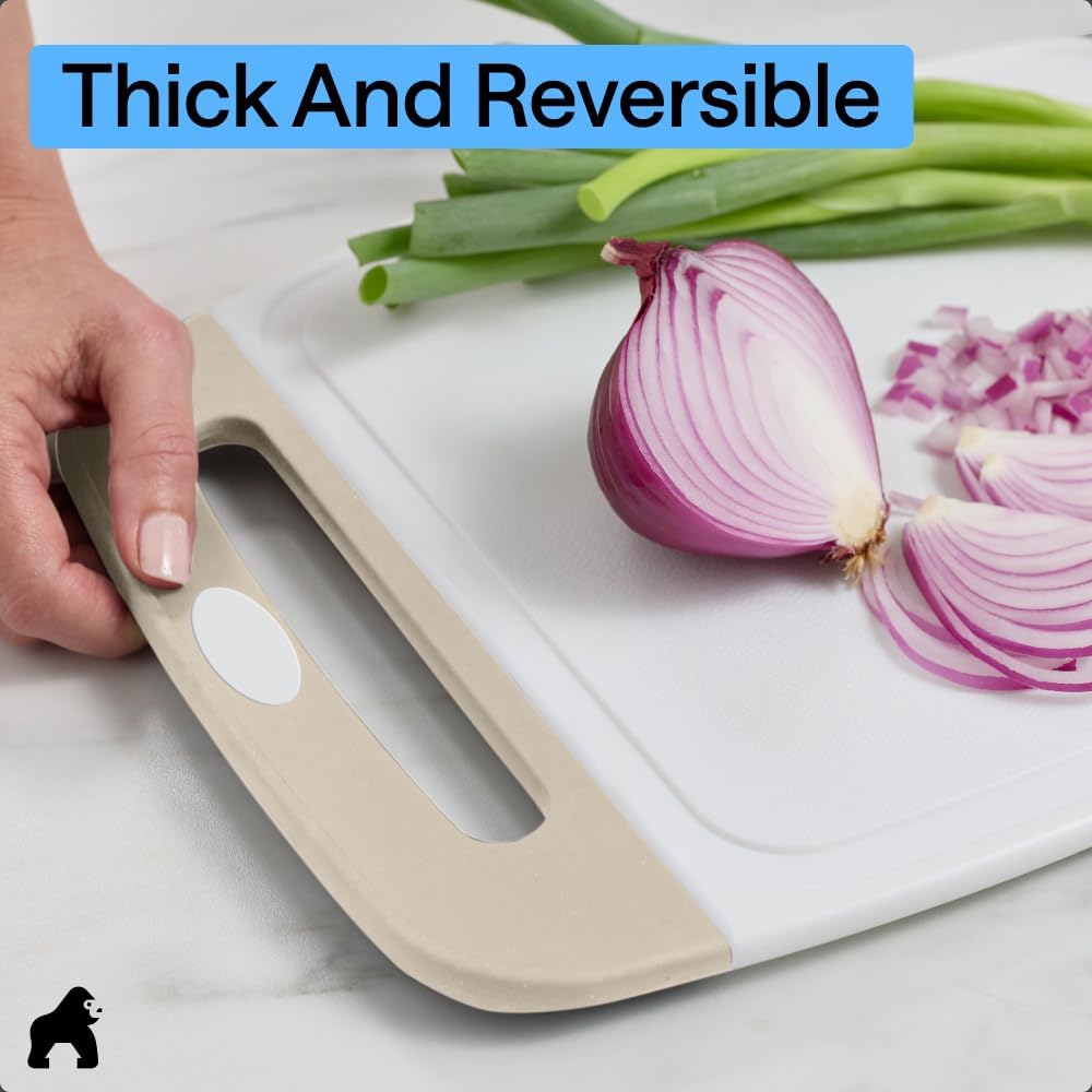 GORILLA GRIP BPA-Free Reversible Kitchen Cutting Board Set of 3, US Designed, Nonporous, Juice Grooves Catch Liquid, Slip Resistant Border, Dishwasher Safe, Durable Large Food Chopping Boards, Almond