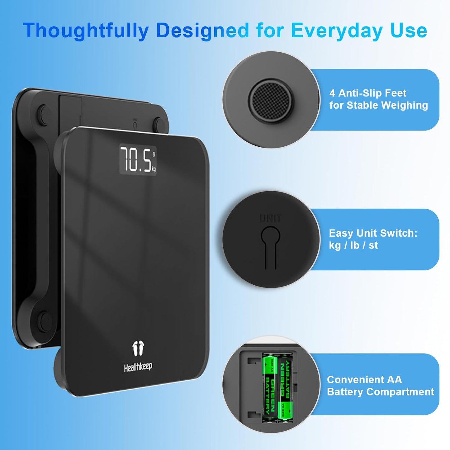 Digital Bathroom Scale for Body Weight: High-Precision 4-Sensor Accuracy, LED Display, 400lb/180kg Capacity, Safe Rounded Corners, Batteries Included