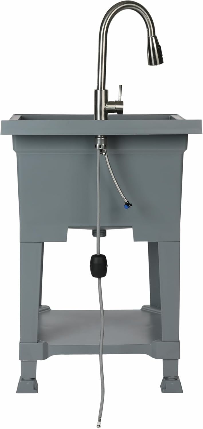 UTILITYSINKS Freestanding Utility Tub Sink with Quick Connect Drain, 24 x 24", Gray - Portable and Compact Sink with Faucet for Outdoor Kitchen, Laundry Room, Garage, and Basement
