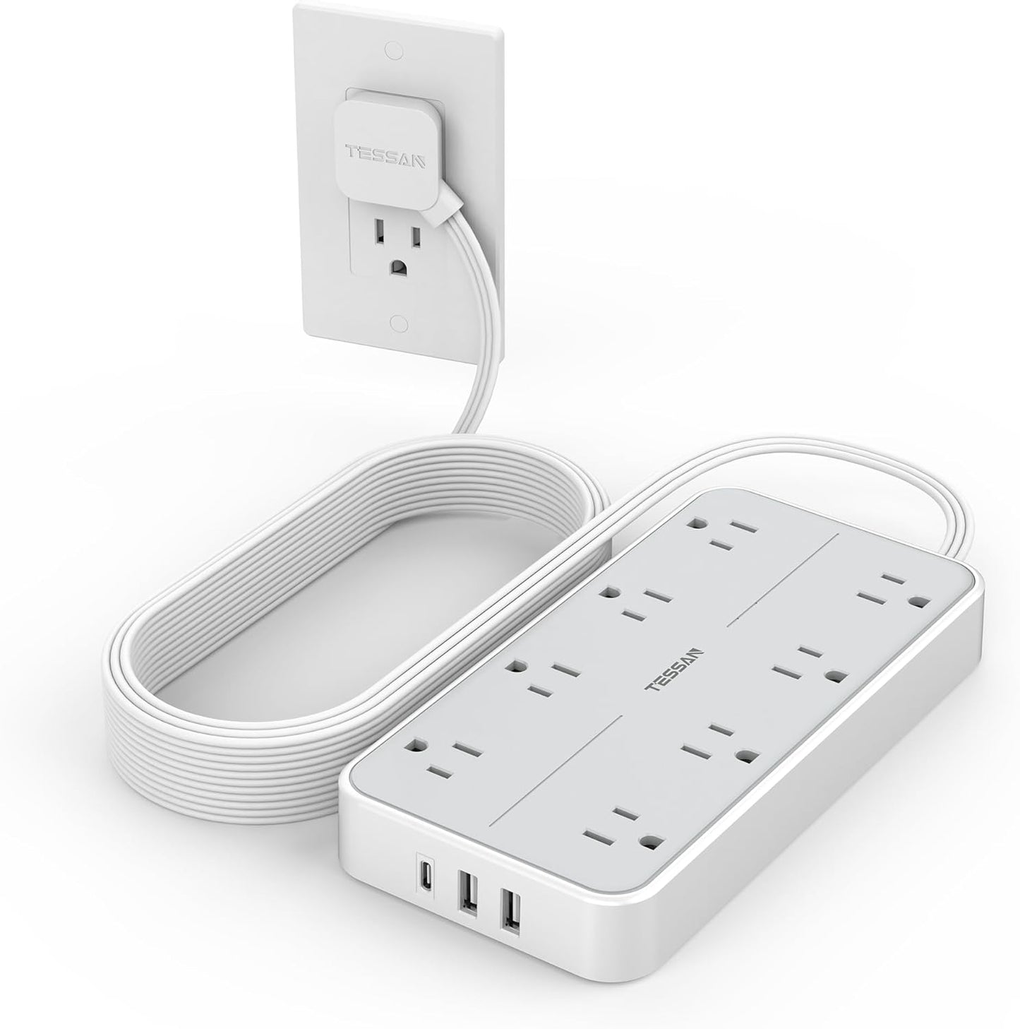 TESSAN Power Strip Surge Protector, Flat Plug Extension Cord with 8 Outlets 3 USB Charger(1 USB C), 1080 Joules Protection, Wall Mountable Charging Station for Home Office School Dorm Room Essentials