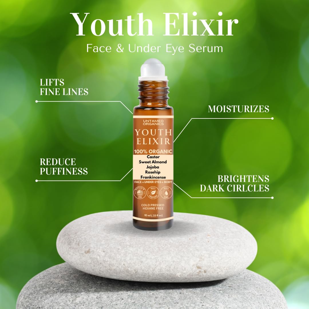 Untamed Organics Youth Elixir - Roll On Facial Serum For Under Eyes and Face with Certified Organic, Cold Pressed, Hexane Free Castor, and Frankincense Oil - Miracle Anti-Aging Oil 10mL