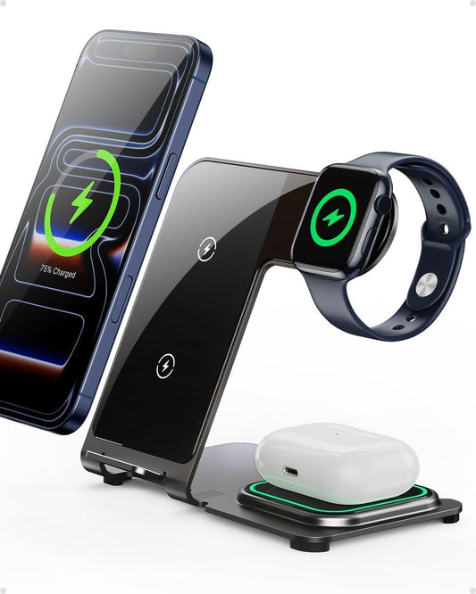 Intoval 3 in 1 Wireless Charger for iPhone 17/16/15/14/13/12,Wireless Charging Station for Apple Devices, Aluminum Charging Stand for iWatch 11 10 9 Ultra 3/2 SE 3/2,for AirPods 4 3 2 Pro 3/2