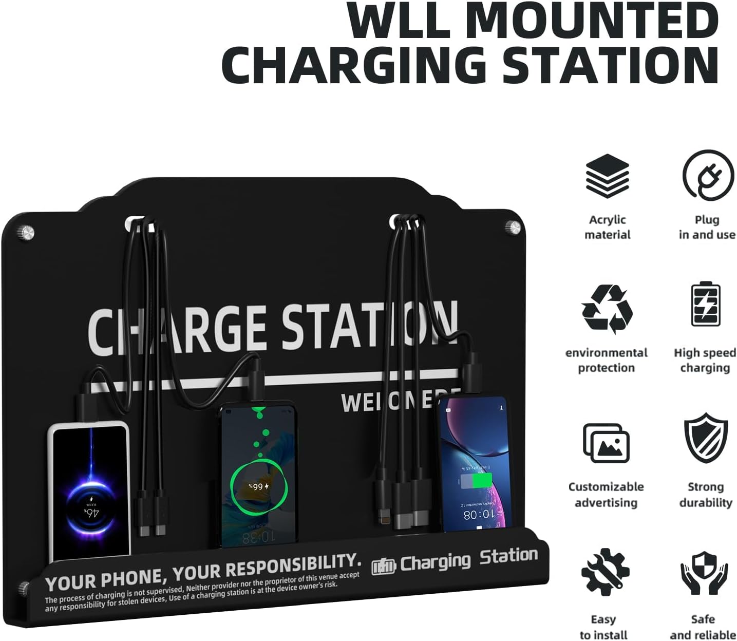 Wall Mounted Cell Phone Charging Station Mobile Phone Charging Station | Fast Charging 8 Device | Compatible with iphone ipad Smartphone Tablets Port | Great for Offices Hotel Hospital Airport (Black)