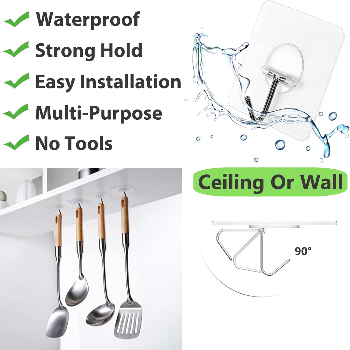 JINSHUNFA Adhesive Wall Hooks 13LB Heavy Duty No Drill Transparent Waterproof Hooks for Bathroom Kitchen Towel Coat 12 Pack