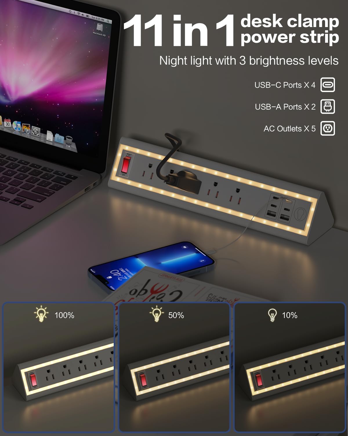 Desk Clamp Power Strip with Nightlight, 40W Fast Charging, 6FT Extension Cord, 4x20W USB-C & 2 USB Ports, 5 AC Outlets, Fits 1.69-Inch Table Edges