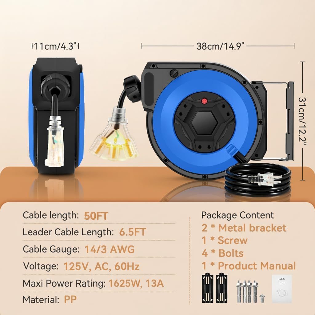 Retractable Extension Cord Reel, 50FT Heavy Duty Power Cord for Garage Workshop, 14AWG/3C SJTOW Cord Reel, UL Listed, Security Lock, 13A Circuit Breaker, 3-Lighted Triple Outlets, 180°Swivel Bracket