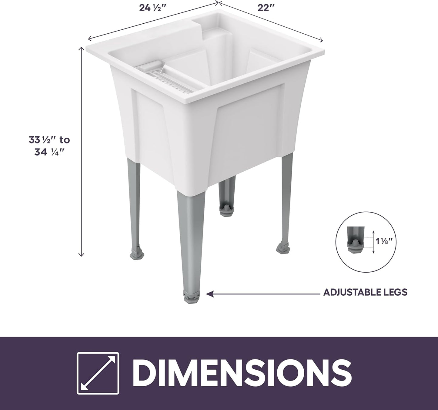 Standing Utility Sink with Steel Legs – 24” Space Saver Utility Sinks for Laundry Room, Garage, Garden, Basement – Noah William Home Indoor and Outdoor Basement Wash Tub (WHITE)