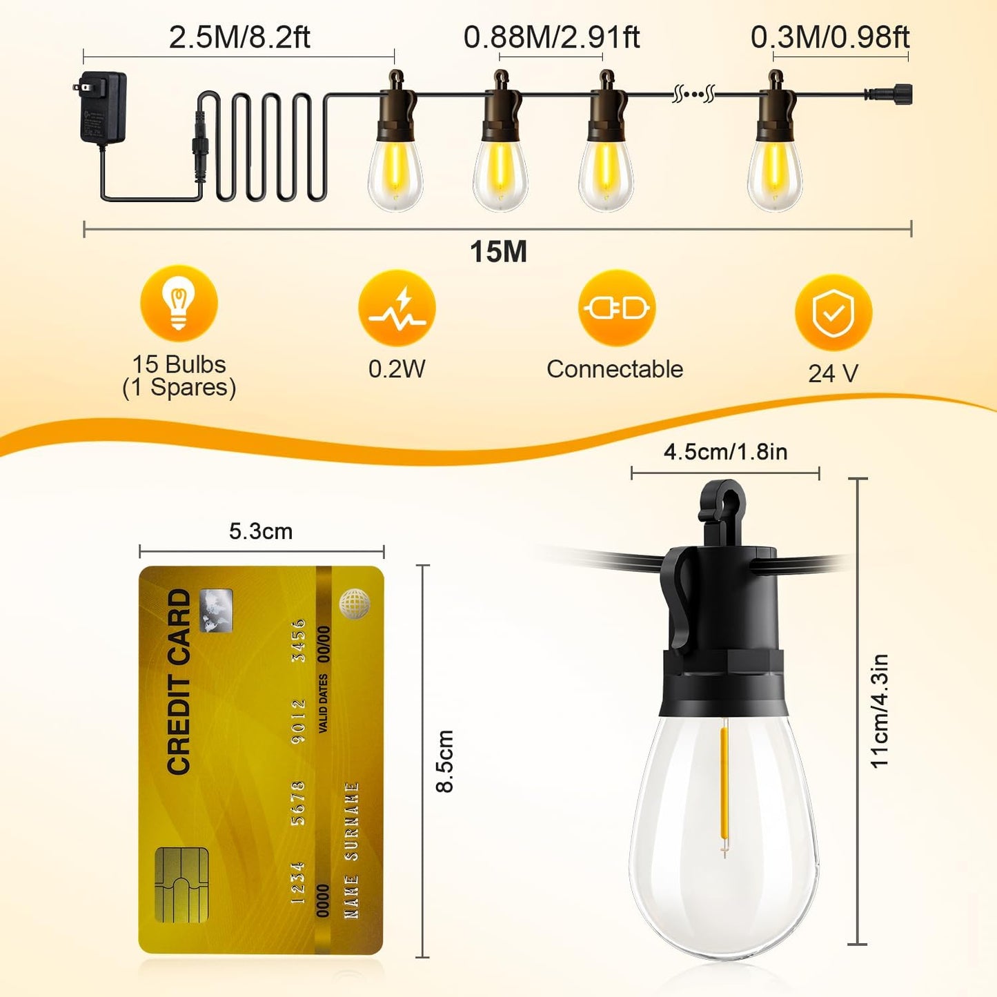 Outdoor String Lights Patio LED - Light Outside 50Ft 15M Waterproof Remote Dimmable S14 Porch Lighting Edison Plastic Bulb Pergola Hanging Balcony Connectable Backyard Yard Gazebo Party Garden Bistro
