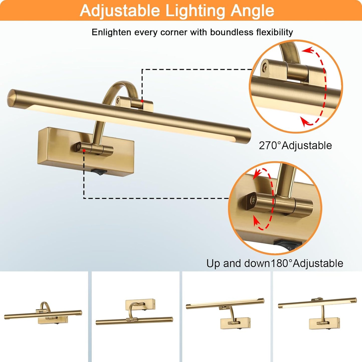 Tassuowell Wireless Picture Lights for Wall Rechargeable, Battery Operated Art Light for Paintings, 3CCT Dimmable, 15.7" Brass Finish with Remote, Rotatable Gallery Light for Pictures Display