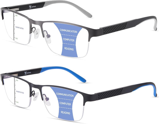 2 Pack Progressive Multifocus Reading Glasses for Men, Blue Light Blocking Semi-Rimless Metal Frame Dual-Tone TR90 Silicone Temple Spring Hinge Multi-Strength Lenses Rectangle Eyewear,1.5x
