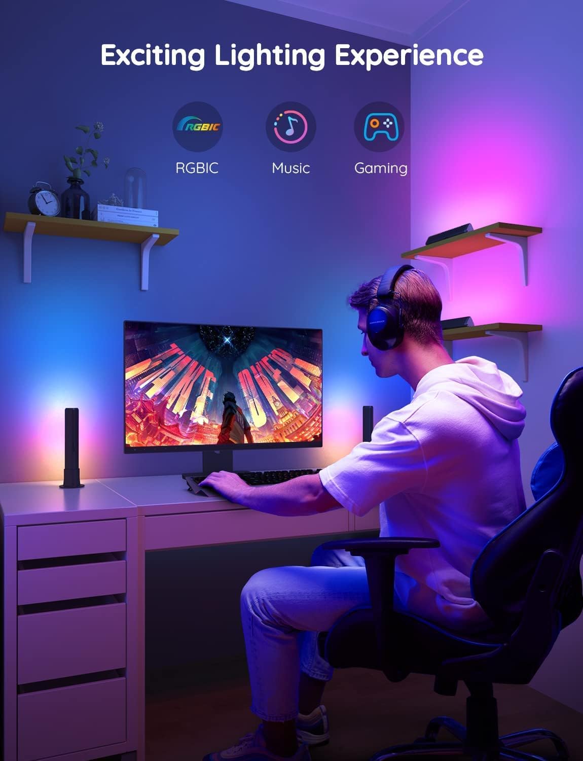 Govee Smart LED Light Bars, Work with Alexa and Google Assistant, RGBICWW WiFi TV Backlights with Scene and Music Modes for Gaming, PC, Living Room Decoration, Black