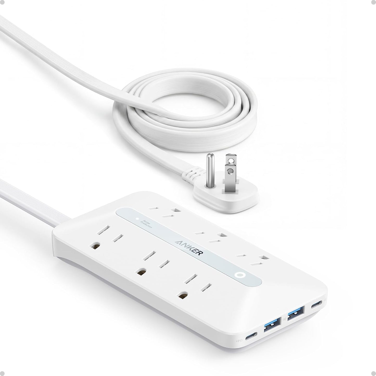 Anker Power Strip with 300J Surge Protector, Flat Plug Extension Cord with Multiple Outlets, 6 AC, 2 USB A & 2 USB C Ports for 20W, 5ft Outlet Extender, Dorm Room Essentials, Home Office
