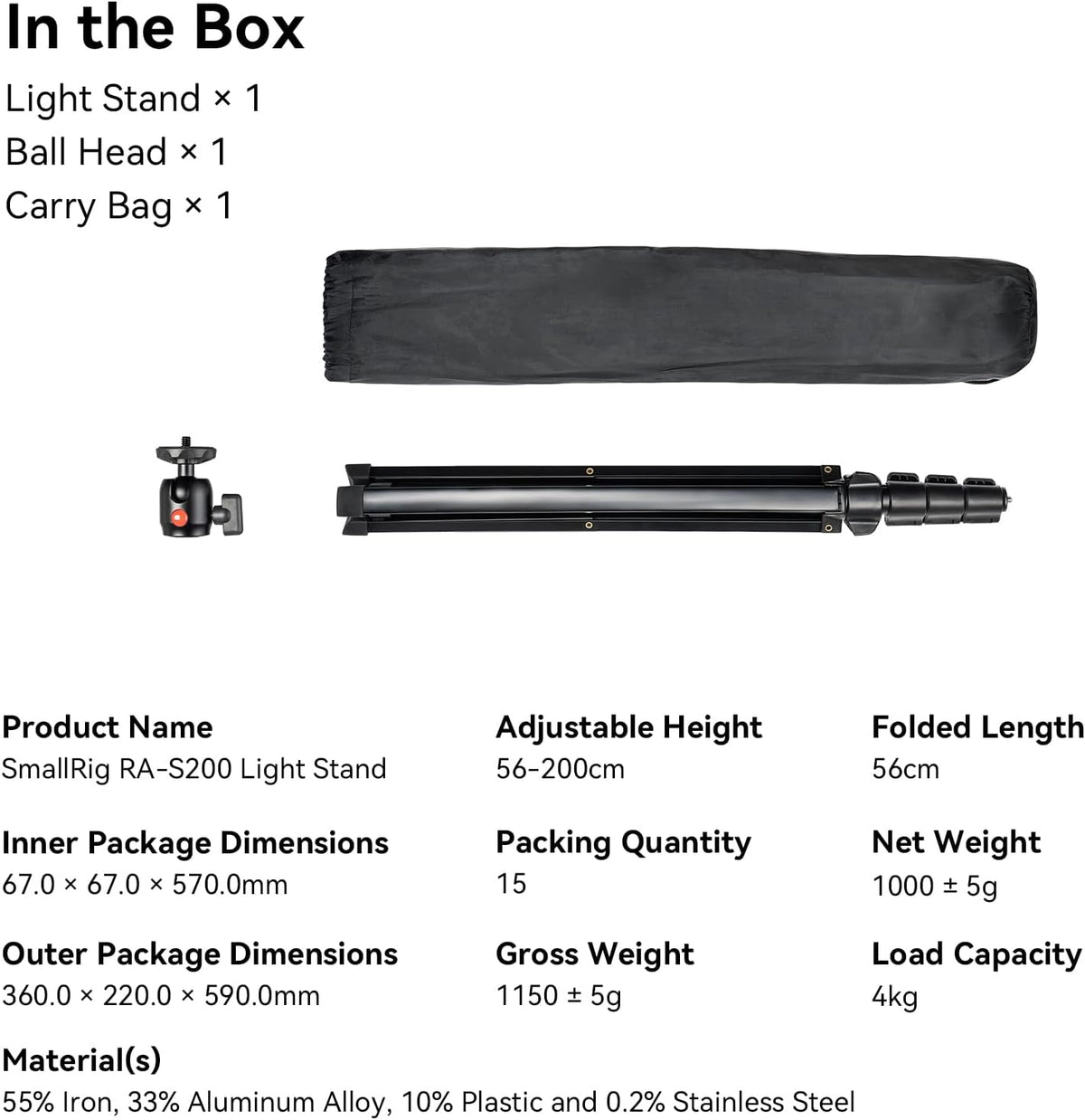 SMALLRIG RA-S200 Photography Light Stand, 6.6ft Aluminum Lighting Tripod