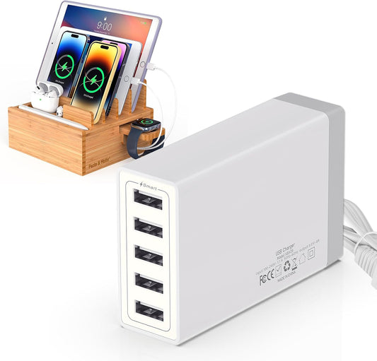 Pezin & Hulin Desktop USB Charging Station with Power Charger & Cables | Bamboo Charging Station for Multiple Devices, Desktop Charger Block, Compatible with Tablet, Cell Phone, Earbuds, Smartwatch