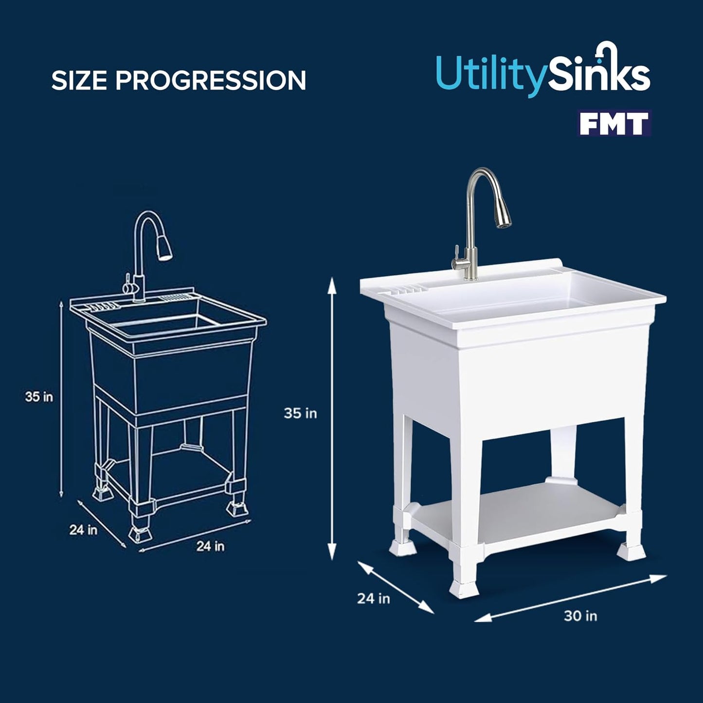 UTILITYSINKS Freestanding Utility Sink for Laundry Room & Garage, 30" x 24", White