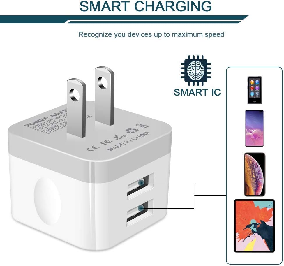 2Pack USB Wall Charger Plug, AILKIN 2.4A Dual Port USB Adapter Power Cube Fast Charging Station Box Base for iPhone 17 16 15 14 13 12 Pro Max SE 11 XR XS, Samsung, Phones Charge Block-White Brick