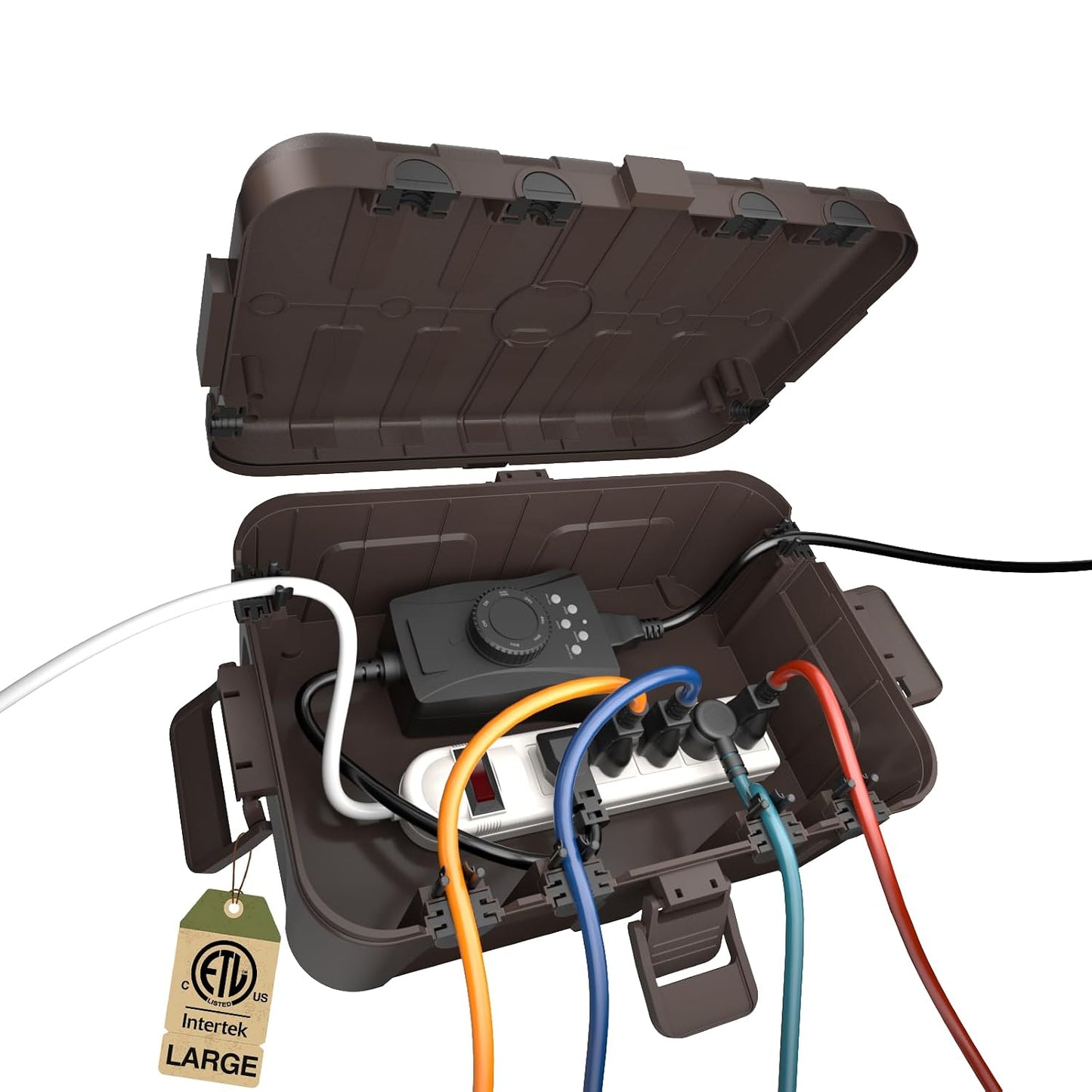 Flemoon Large Outdoor Electrical Box, Waterproof Extension Cord Cover | Inner Size 12 x 7.4 x 3.9 Inch, 6 Cable Entry Ports, IP54 Weatherproof Connection Box for Outlet, Timer, Holiday Light, Brown
